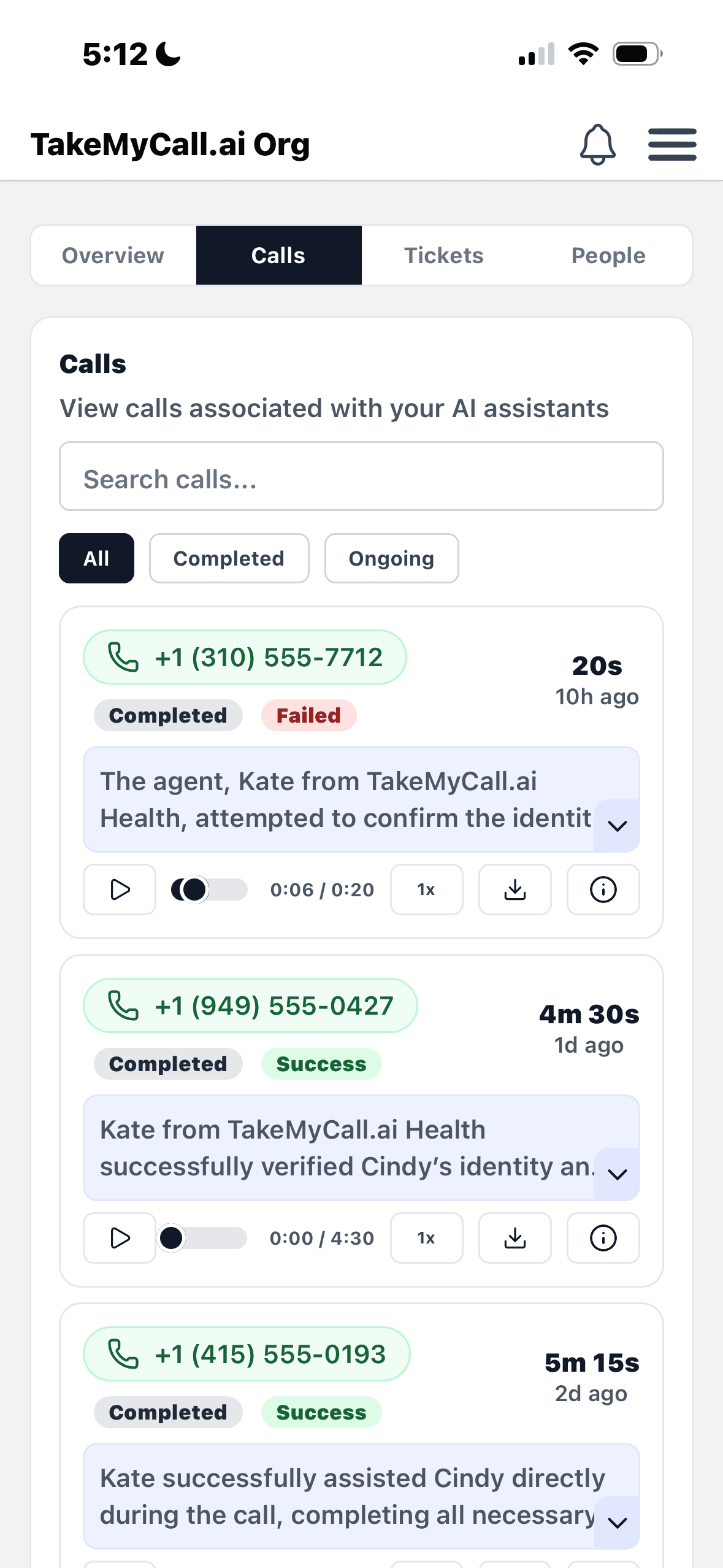 takemycall.ai App Demo Image